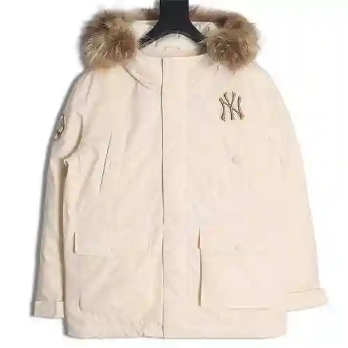 MLB Yankees NY Cuff Logo Plush Collar Hooded Down Jacket