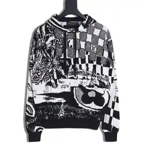 LV Louis Vuitton 23FW collage pattern jacquard knit hoodie