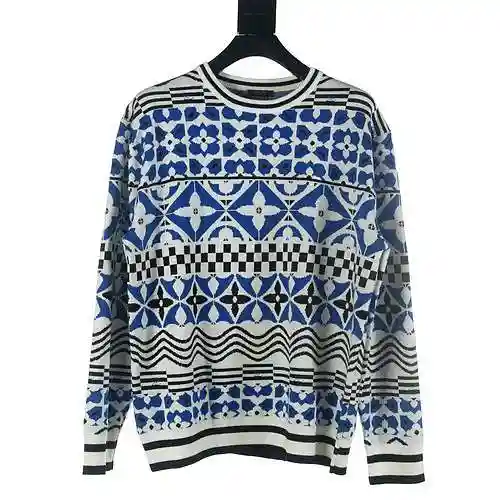 LV 23Fw Geometric Jacquard Knitted Round Neck Sweater