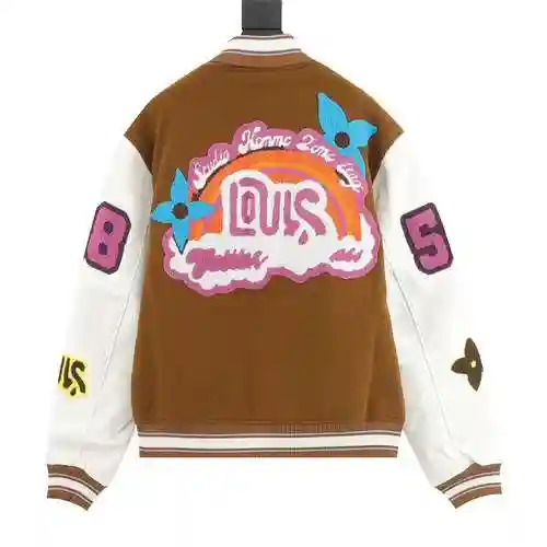 1V embroidered letter leather sleeve patchwork baseball jacket