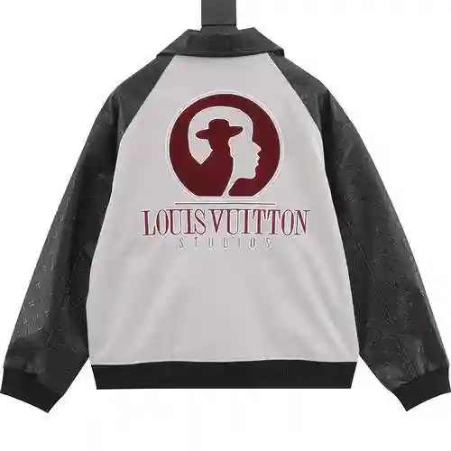 1V vintage leather sleeve patchwork baseball jacket