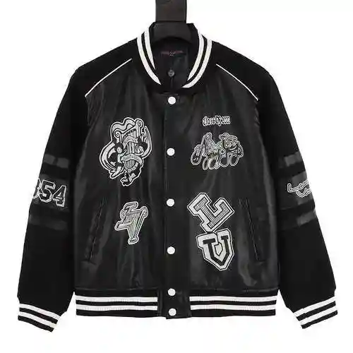 1V dark embroidered leather sleeve patchwork bomber jacket