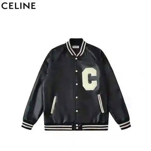 CE/Celine SS23 Striped Letter Label Single breasted Leather Coat Baseball Jacket