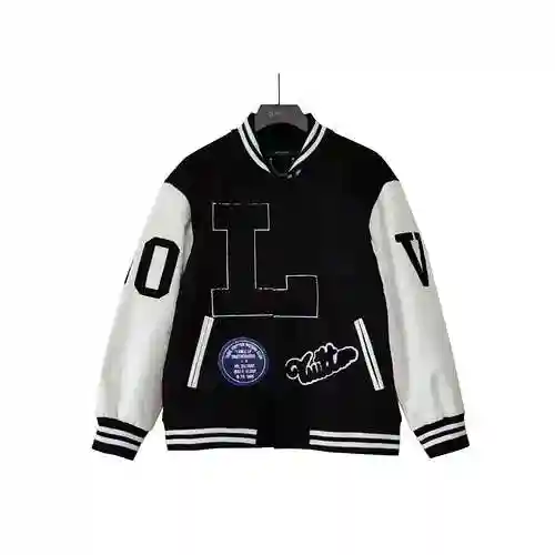 LV/Louis Vuitton Split Leather Sleeves Baseball Jacket Coat Unisex