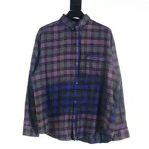 Balenciaga BLCG 23FW worn-out washed violet plaid long sleeved shirt