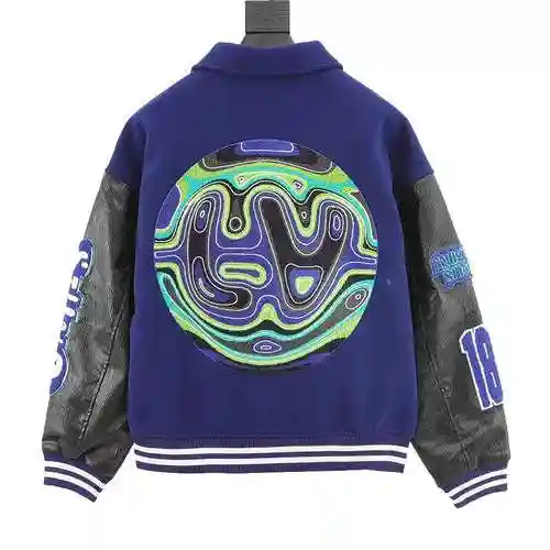 1V embroidered letter leather sleeve patchwork baseball jacket