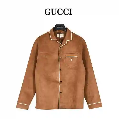 Gu * cci/Gucci 23Fw double G embroidered suede suede genuine leather shirt