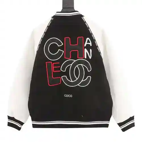 CHA * NEL/Chanel embroidered letter leather sleeve patchwork baseball jacket