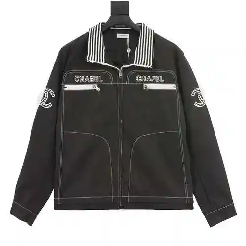 CHA * NEL/Chanel Embroidery Slogan Vintage Zipper Coat