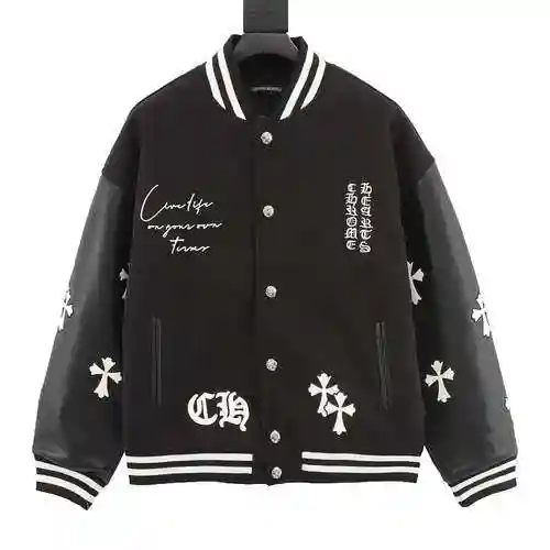 CH Cross Embroidered Letter Leather Sleeve Panel Baseball Coat