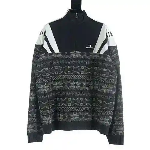 Balenciaga BLCG 23FW Double Hook Letter Wool Blended Splice Half Zipper Sweater