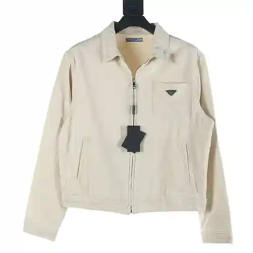 Prada PRD 23Fw chaqueta de lino y algodón con cremallera y logo triangular