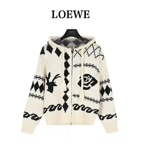 Loe*we/Luo Yiwei rose elk jacquard knitted zipper hooded jacket