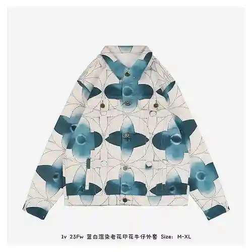 1v 23Fw blue and white rendering old flower print denim jacket