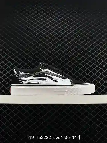 Vans Flame Black, zapatos de lona clásicos con estampado de llamas en blanco y negro, zapatos de ska