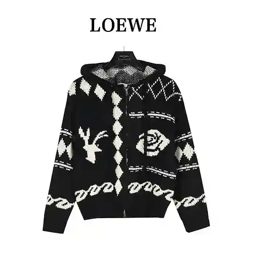 Chaqueta con capucha y cremallera de punto jacquard de alce rosa de Loe*we/Luo Yiwei