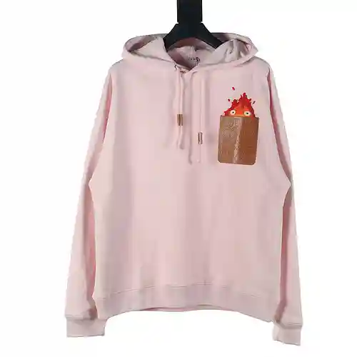 Loe*we/Luo Yiwei 23FW Sudadera con capucha y bolsillo de cuero con patchwork y bordado de llamas