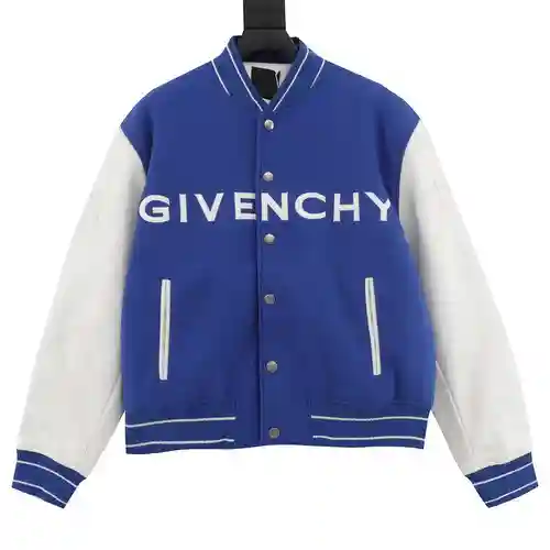 Chaqueta estilo béisbol de lana con patchwork y mangas de cuero con letras bordadas clásicas de GVC