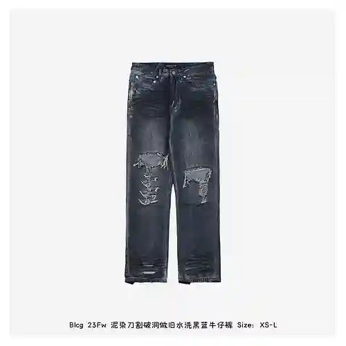 Blcg 23Fw tinte de barro cuchillo agujeros cortados desgastados jeans negros y azules desgastados