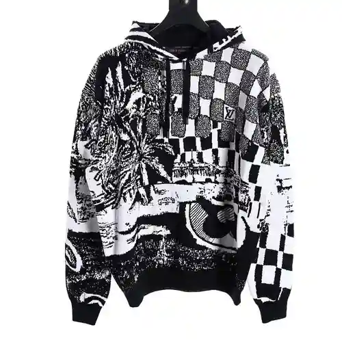 LV patchwork pattern jacquard knitted hoodie