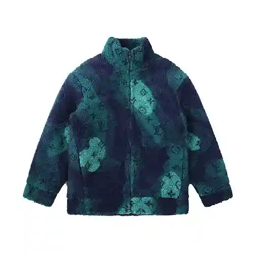 LV2023 nueva chaqueta de abrigo de lana de cordero con oso de peluche de camuflaje verde degradado t