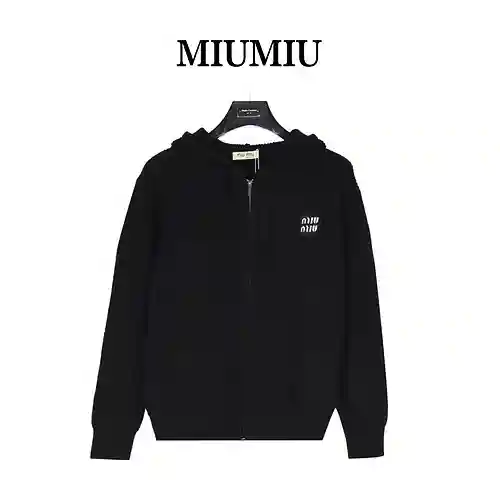 miumiu/Miumiu logo embroidered zipper hooded sweater jacket