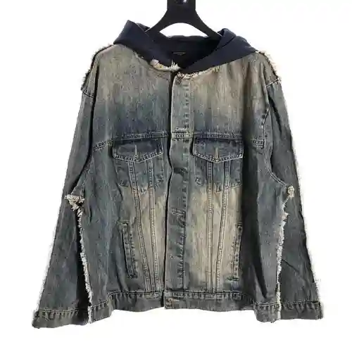 BLCG 23FW chaqueta vaquera de dos piezas falsa desgastada con capucha y patchwork