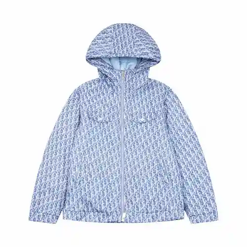 CD/Dior AW23 new full-print LOGO smoke blue hooded cotton jacket for men and women