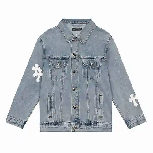 Chaqueta vaquera lavada con letras bordadas en sánscrito cruzado Kroxin CH, mismo estilo para hombre