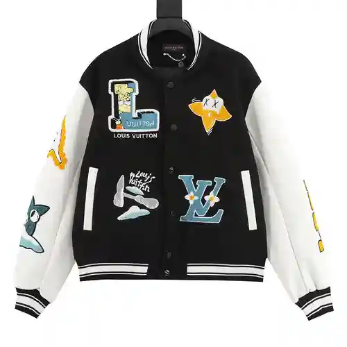 Chaqueta estilo béisbol con patchwork y mangas de cuero con letras bordadas de 1V