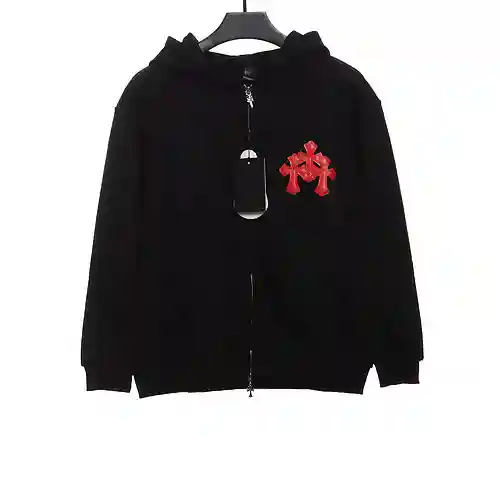 Crow Heart Red Leather Zip Hoodie