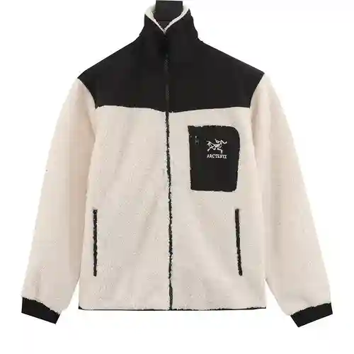 Chaqueta bordada con cuello alto de piel de peluche con patchwork de A*rc/Archaeopteryx