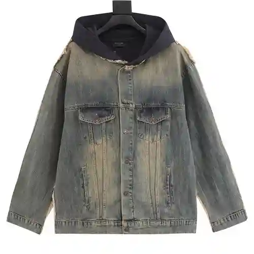 BLCG 23FW chaqueta vaquera de dos piezas falsa desgastada con capucha y patchwork