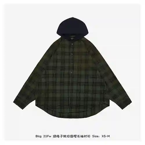 Blcg 23Fw camisa de manga larga con capucha y diseño desgastado a cuadros verdes