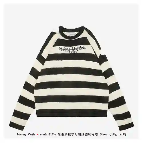 Tommy Cash x mm6 21Fw suéter de cuello redondo con letras bordadas a rayas en blanco y negro