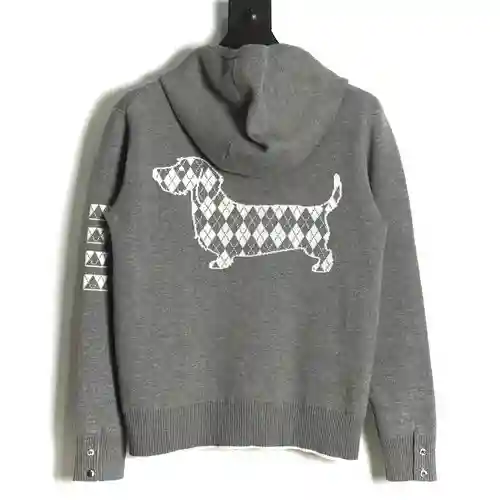 TB 22FW chaqueta de punto con capucha y diseño de perro salchicha con rombos