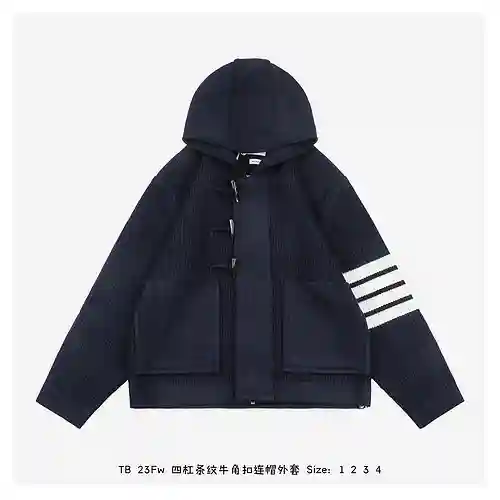 TB 23Fw chaqueta con capucha y botones de cuerno con rayas de cuatro barras