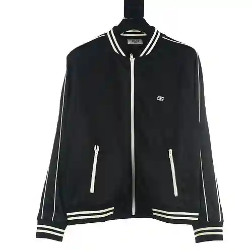 Celine CE 23FW Chaqueta de béisbol con rayas blancas y bordado en el lateral Arc de Triomphe