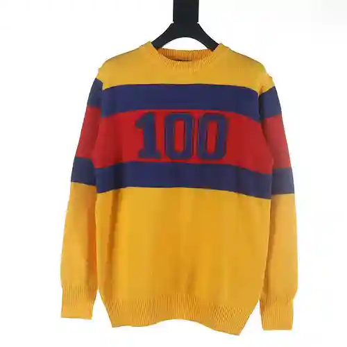Suéter con cuello redondo a rayas y letras jacquard del 100 aniversario de Gucci GUC