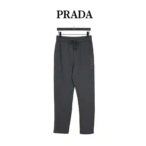 Pra*da/Prada 23Fw Pantalón de algodón grabado con logo bordado y bolsillos de piel