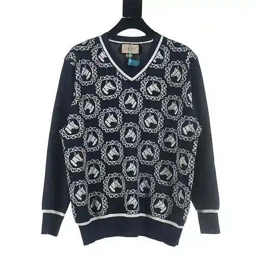 GU*CCI/Gucci GUC suéter de punto con cuello en V y cabeza de caballo en jacquard