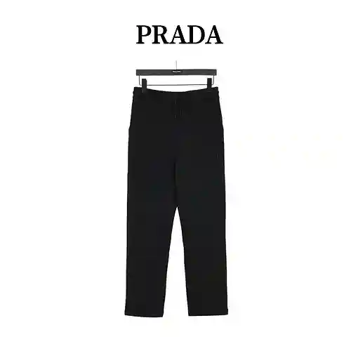 Pra*da/Prada 23Fw Pantalón de algodón grabado con logo bordado y bolsillos de piel