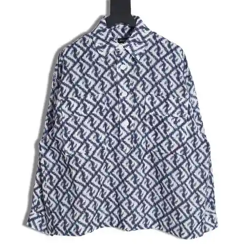 Fendi FD 23 camisa azul de manga larga con diseño colour block con doble FF y estampado integral