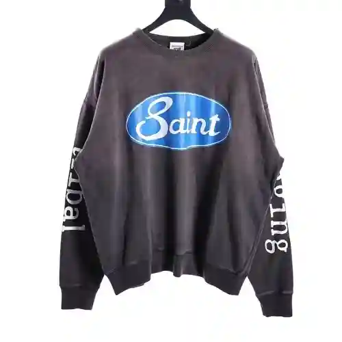 SAINT*MICHAEL sudadera azul con cuello redondo y estampado de letras y logo circular