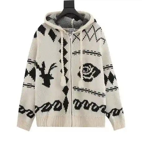 Chaqueta con capucha y cremallera de punto jacquard de alce rosa de Loe*we/Luo Yiwei
