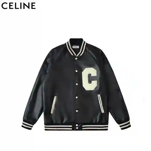 CE/Céline SS23 chaqueta béisbol de cuero con parche de letras a rayas y botonadura sencilla