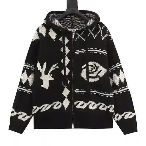 Chaqueta con capucha y cremallera de punto jacquard de alce rosa de Loe*we/Luo Yiwei