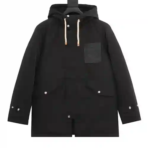 Loe*we / Luo Yiwei 22Fw chaqueta de plumas de largo medio con capucha y etiqueta de cuero