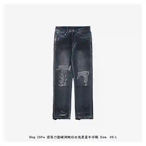 Blcg 23Fw tinte de barro cuchillo agujeros cortados desgastados jeans negros y azules desgastados
