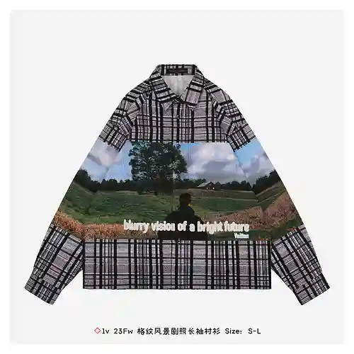 ◇Camisa de manga larga con estampado de paisaje a cuadros 1v 23Fw